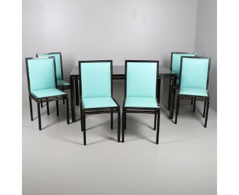 With a black glass top and lacquered wood with gilt detailing, seats six (75cm high x 160cm wide x 90cm deep). Also with a se