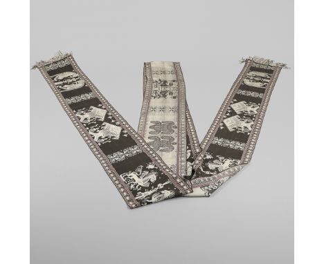 of exceptionally long length, depicting cream embroidered figures, fish, mythical beasts, turtles and birds, on a chocolate b