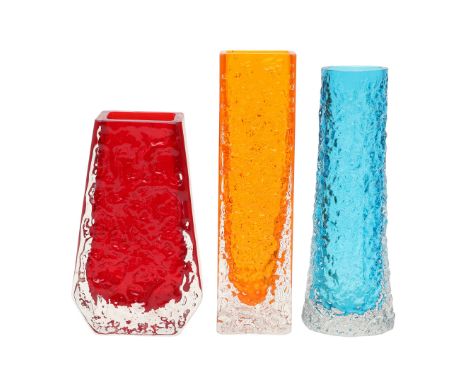 Including a textured coffin vase in the ruby red colourway (13cms high), a narrow textured vase in the tangerine colourway (1