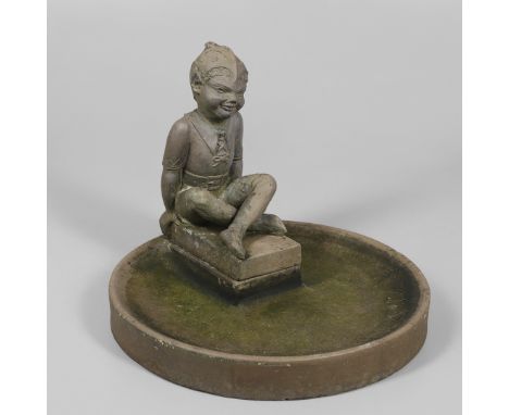 A rare terracotta birdbath designed by Harry Simeon, with a figure of a Pixie 'Puck', on a rectangular shaped base. Mounted o
