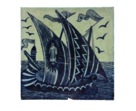 An unusual tile painted with a two mast sailing ship, in colours of blue and green. Broken and repaired, with impressed mark 