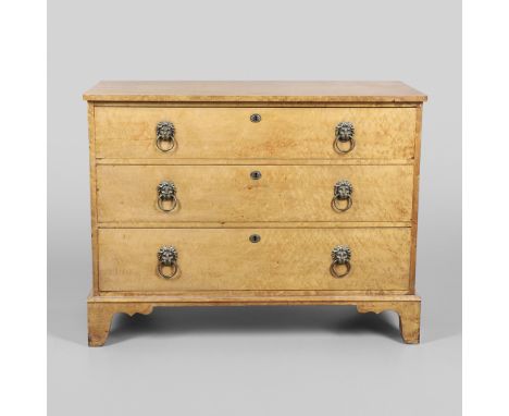 Circa 1880, fitted three long drawers with lions mask ring handles on shaped bracket feet, height 90cm, width 117cm, depth 54