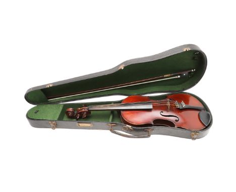 The violin with a dark varnish and a two piece back, bears label inside 'C A Miremont, Paris' (59.5cms long overall, back 35.