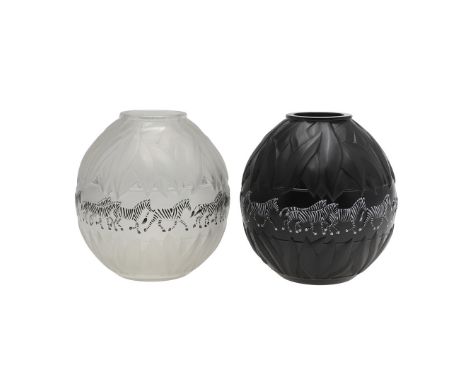 A pair of Lalique glass vases in the Tanzania design, one in black and the other frosted and clear glass, with a central band
