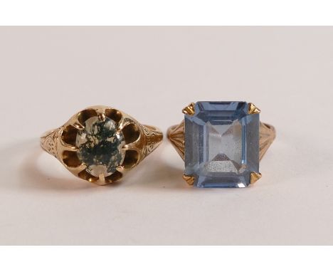 Two 9ct hallmarked gold rings, blue topaz size O, together with agate size R.  Gross weight 10.47g. 