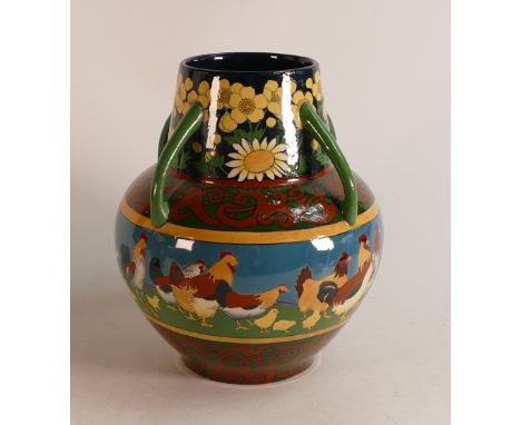 Wileman &amp; Co Intarsio four handled vase. Decorated with band of Chickens and Ducks. Patt no.3279 Height: 22cm 