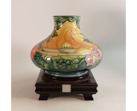 Moorcroft Sultan of Brunei pattern vase, c.1992, created for the Sultan of Brunei's silver jubilee and presented with a hardw