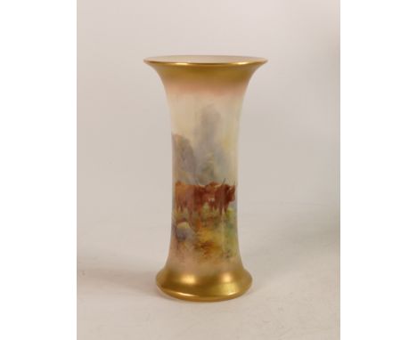 Royal Worcester hand painted trumpet vase. Painted with Highland cattle by Harry Stinton. Height: 15.1cm 