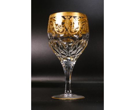 Six De Lamerie Fine Bone China heavily gilded Robert Adam pattern water goblet / wine glasses, in presentation box &amp; bag,