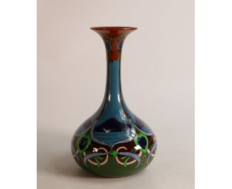 Wileman &amp; Co. Intarsio vase with tall neck. Panels around the vase depict flying birds over sea with mountains to the bac