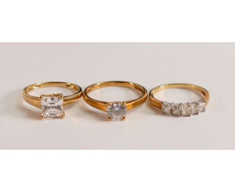 3 x 18ct hallmarked gold &amp; white stone dress rings - 5 stone size N, round solitaire size R &amp; square solitaire size N
