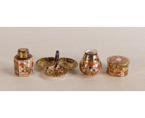 Four Royal Crown Derby miniatures to include vase, lidded pot, dish and tea caddy 6299. (4) 