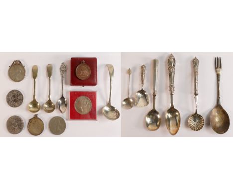 A group of silver including early silver fork / spoon (repaired), Georgian silver caddy spoon Birmingham 1828, enamel backed 