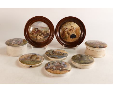 A group of eight Prattware pots and lids to include  - titled pots such as Charity and Peace, Dr Johnson, No by Heaven I Excl