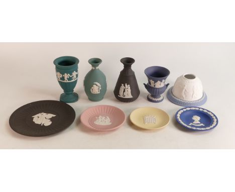 A collection of multicoloured Wedgwood Jasperware to include teal vases, Dancing Hours tea light, pink pin dish, black wall p