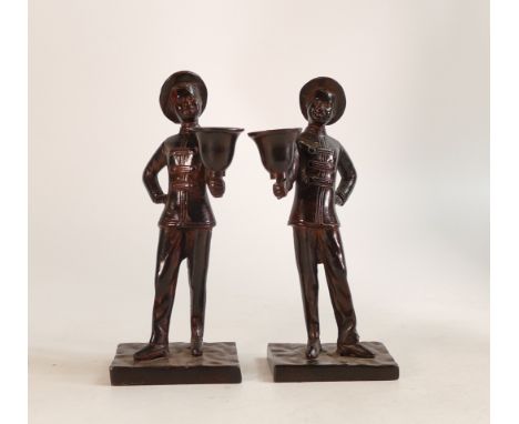 A Pair of Bronze candlesticks in the form of two Bellboys. Height: 19.5cm (2) 