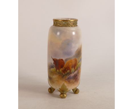 Royal Worcester Harry Stinton Highland cattle vase cylindrical form with pierced rim on 4 feet, with hand painted two highlan