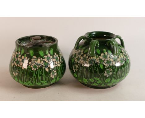 Wileman &amp; Co. Intarsio six handled vase Patt No.3230 together with a lidded Tobacco jar Patt No.3263. Both decorated with