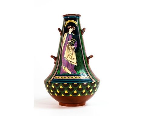 Wileman &amp; Co. Intarsio vase, pattern 3024. Panels showing St Cecilia playing a portative organ with birds and fruits on a
