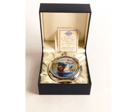 Moorcroft enamel and silver Red Breasted Merganser hip flask by Nigel Creed. Limited edition 1/50. Boxed with certificate. He