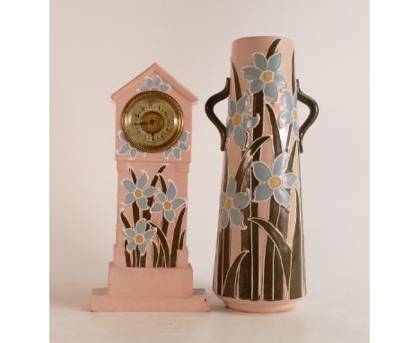 Wileman &amp; Co. Urbato tube lined clock. Pink ground, grey flowers &amp; brown leaves Patt no.4115 together with a two hand
