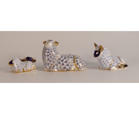 Royal Crown Derby Ram, Sheep &amp; Lambs paperweights, all silver stoppers (3)