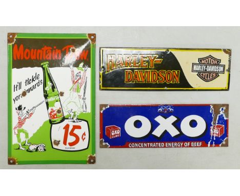 Three Enamel Advertising signs to include Mountain Dew, Oxo and Harley-Davidson. Size of largest, Height: 30cm Width: 20cm 