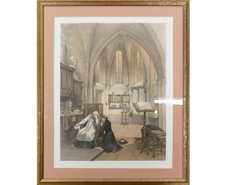 Louis HAGHE (Belgium, 1806-1885). 'Sacristy, Church of Notre Dame, Treves'. Scene depicts a secular priest in knelt prayer be
