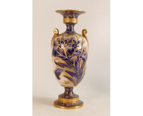Carltonware Wiltshaw &amp; Robinson blue &amp; white twin handled vase. Decorated in an Iris pattern. Cobalt blue and enamel 