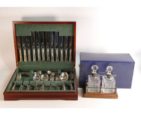 Mappin &amp; Webb cut glass &amp; silver topped Tantalus on wood galleried tray, boxed, together with a cased set of EPNS cut