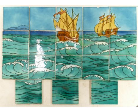 Pilkington Lancastrian Galleon tile mosaic. Scene depicts two Galleons at sea on a clear day. Painted on turquoise and blue l