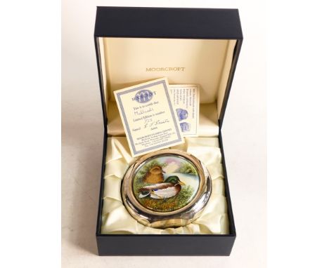 Moorcroft enamel and silver Mallard hip flask by S Smith. Limited edition 1/25. Boxed with certificate. Height 10.5cm 