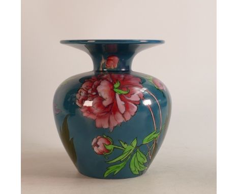 Wileman &amp; Co. Intarsio wide rim vase. Decorated with pink Peony on blue ground. Patt no.7368 Height: 14cm 