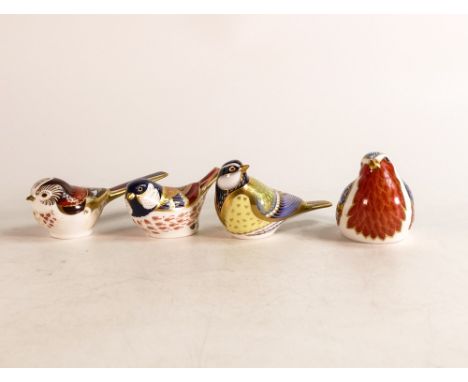 Royal Crown Derby paperweights Robin, Long Tailed Tit, Coal Tit &amp; Great Tit (Robin with silver stopper) (4) 
