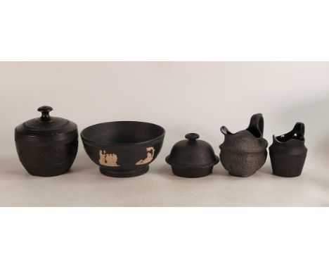 An interesting group of 18th and early 19th century Basalt and similar items to include two milk jugs, lidded sucrier poss. o