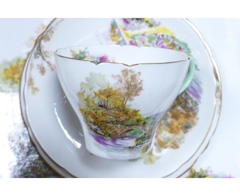 A large collection of Shelly Cambridge shape Heather pattern to include - tea set, coffee set, 14 salad plates, 12 side plate