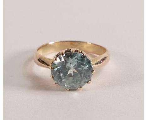 9ct gold and Aquamarine (or similar) single stone ring, stone measuring 10mm, size R, weight 4.63g.  Not hallmarked but teste