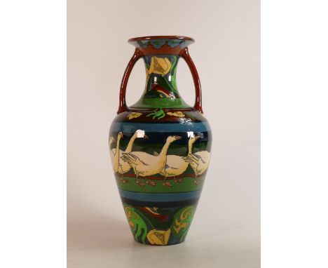 Wileman &amp; Co Intarsio two handled vase. Decorated with band of Geese. Patt no.3165. Height: 23cm 