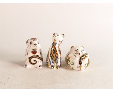 Royal Crown Derby Mouse, Harvest Mouse &amp; Seated Kitten, all silver stoppers (3) 
