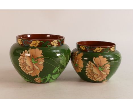 Two Wileman &amp; Co. Intarsio flower pots. Decorated with yellow Peony on green ground. Patt no. 7398. Diameter of each vase