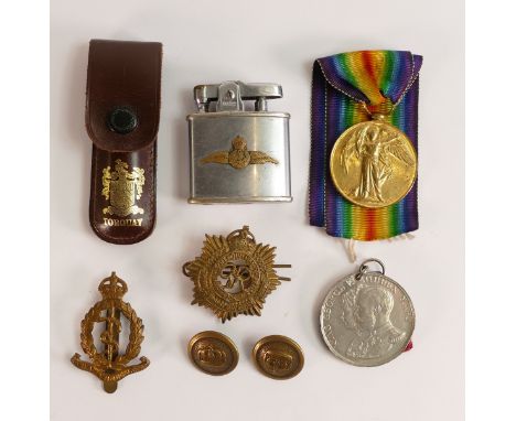 A first world war WWI Civilisation medal awarded to 78094 CPL T Brown R.AM.C. together with various cap badges, lighter, butt