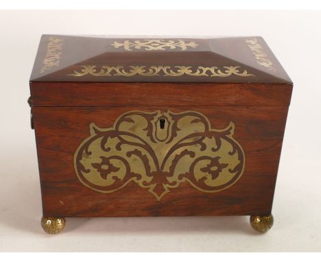 A George III century Tea Caddy with brass inlay on repousse brass bun feet. Missing internal lead lining. Height: 14.5cm Spli
