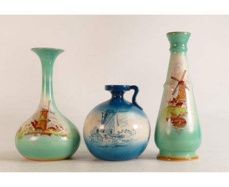Wileman &amp; Co. Faience vases x 2 (h21cm and 25cm) together with a small handled jug h14cm. All depicting Dutch Windmill sc