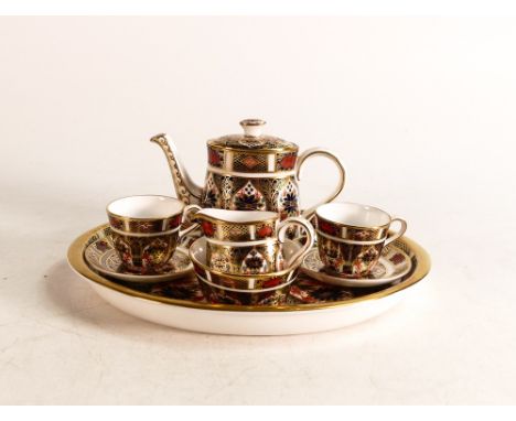 Royal Crown Derby Imari pattern miniature cabaret set, comprising tray, tea pot, milk jug, sucrier, 2 x tea cups and saucers,