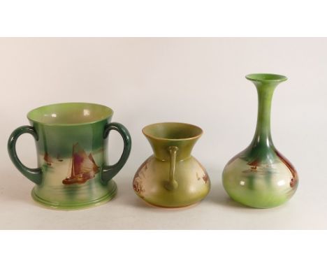 Wileman &amp; Co. Faience large Tyg h15cm, two handled vase h12cm, long neck vase h21cm all depicting Delphic Sailing Pattern