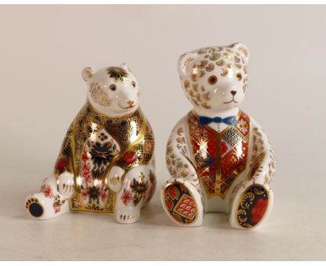 Royal Crown Derby paperweights Seated Bear and Seated Bear with blue bow tie. (2) 