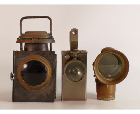 Three early lamps/lanterns to include Ford model 13, Miller Carbide bicycle lamp and a NIFE NH10A Alkaline battery lamp. Heig