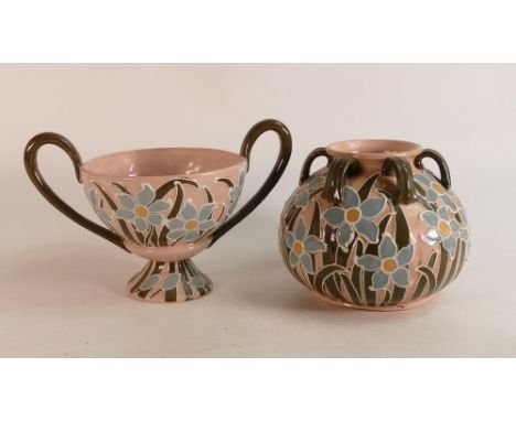 Two Wileman &amp; Co. Urbato tube line vases. Pink ground, grey flowers &amp; brown leaves. Patt no.4021 and 4026. (2) 