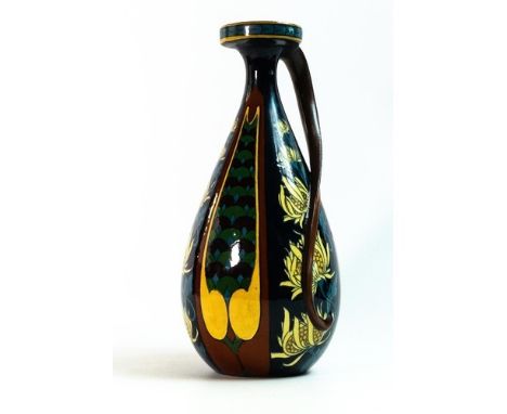 Wileman &amp; Co. Intarsio vase, pattern 3012. Vertical panel of yellow flower heads &amp; blue leaves with fish scales, patt