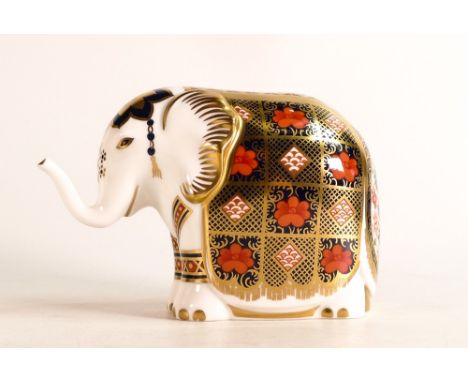 Royal Crown Derby paperweight, Imari Baby Elephant, with trunk raised. Limited edition 235/750 for Gumps, gold signed to base